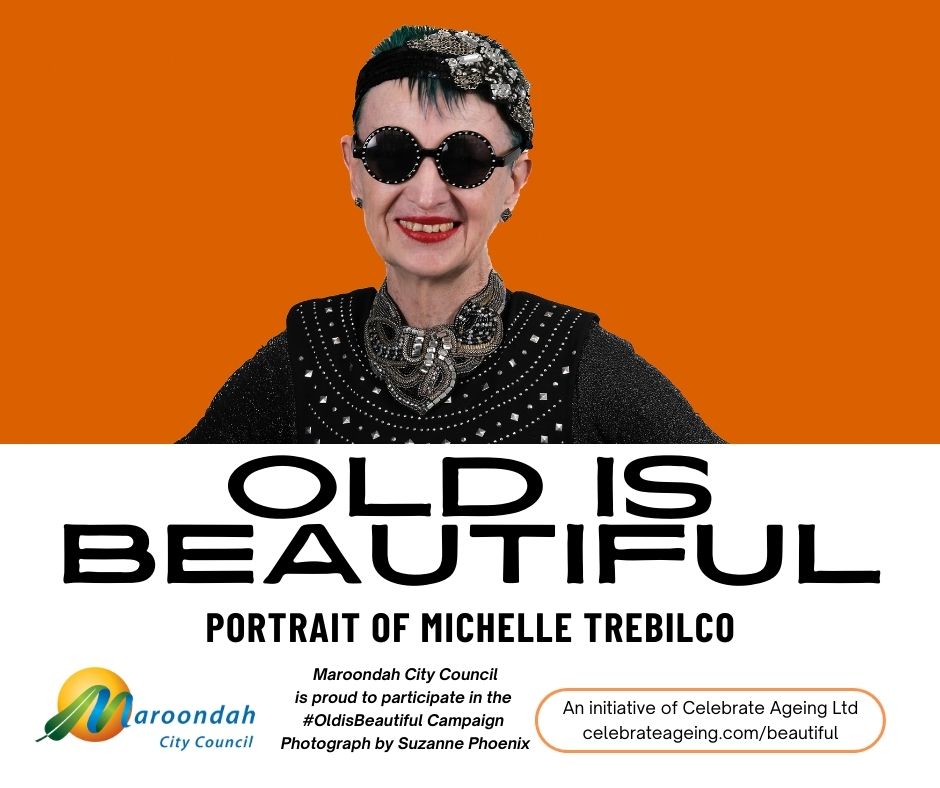 Photo of Michelle Trebilco. participant of Old is beautiful, wearing at black top, round sunglasses and black hat.